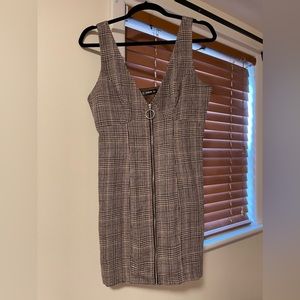 Shein Mini Tank Dress Tunic Zip Sleeveless Brown Houndstooth Twead L